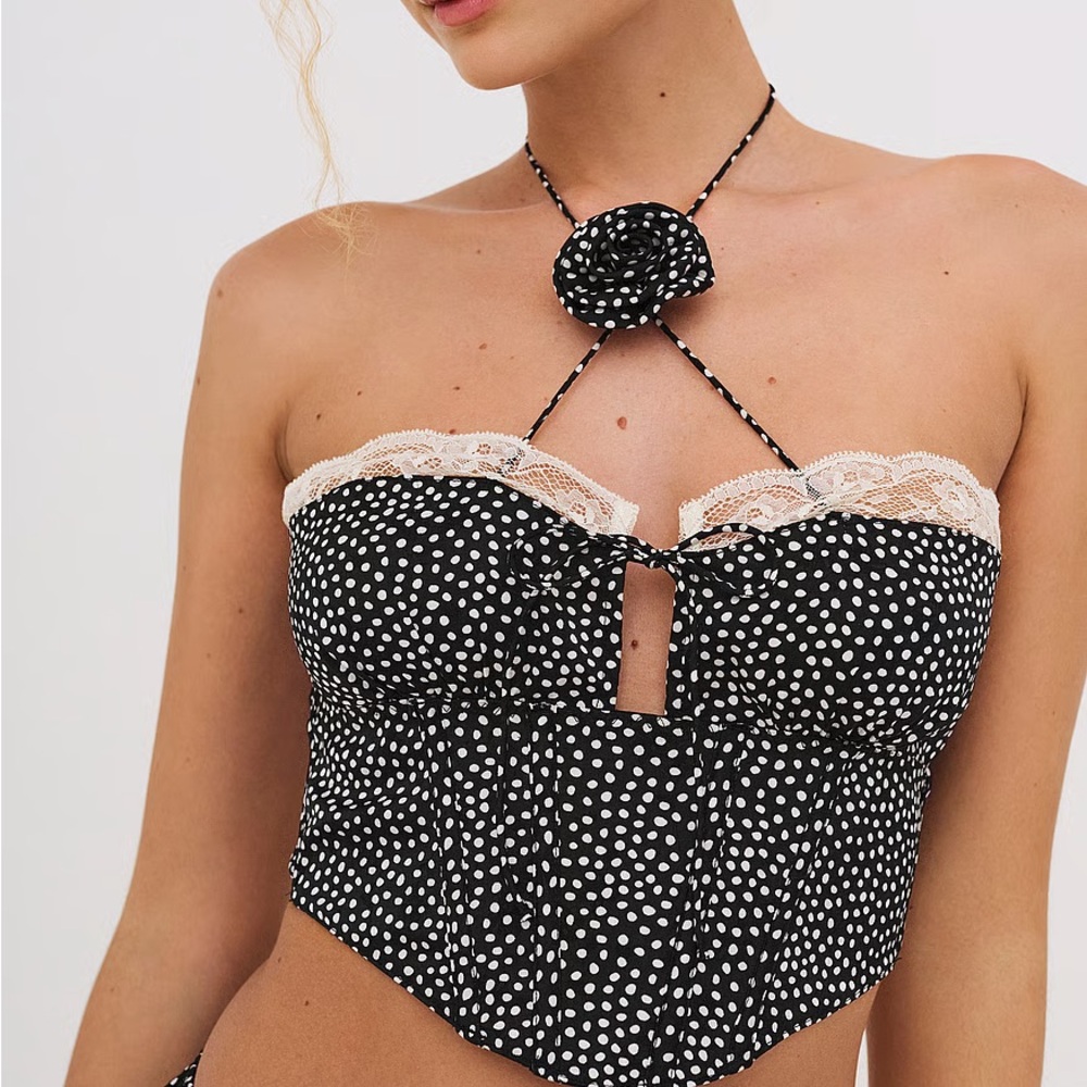 For Love & Lemons Black and White Polka Dot Lace-Trim Camisole